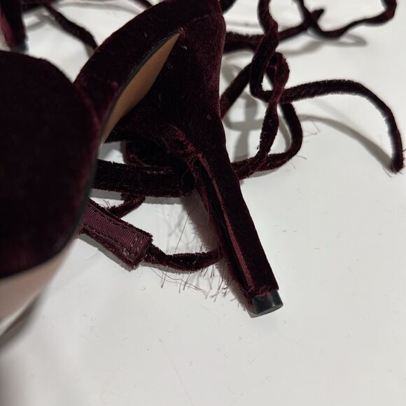 ASOS DESIGN Peony tie leg bow high heeled shoes in burgundy EUC - Picture 6 of 7